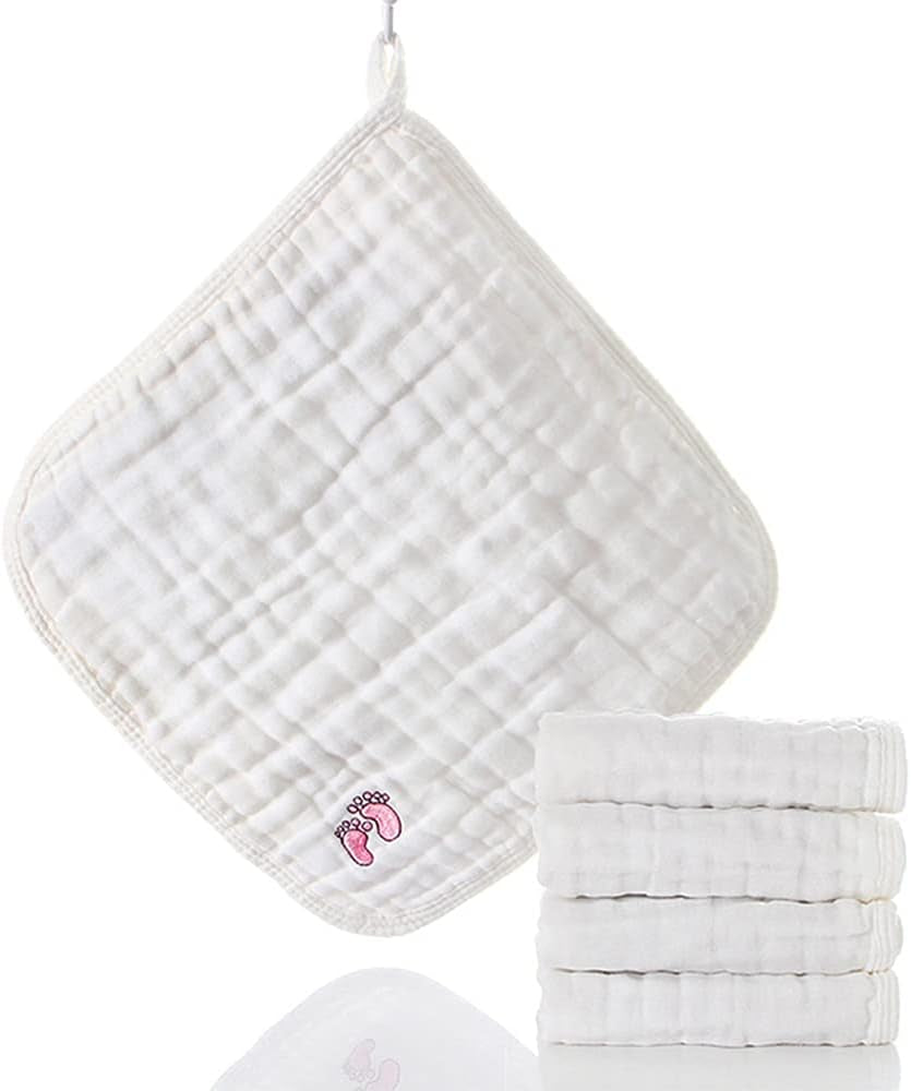 Eray Baby Muslin Washcloths, Face Towel Baby Burp Cloths in Classified Design- Soft Fluffy Breathable Newborn Wash Wipes for Sensitive Skin Great for Baby Shower (White)