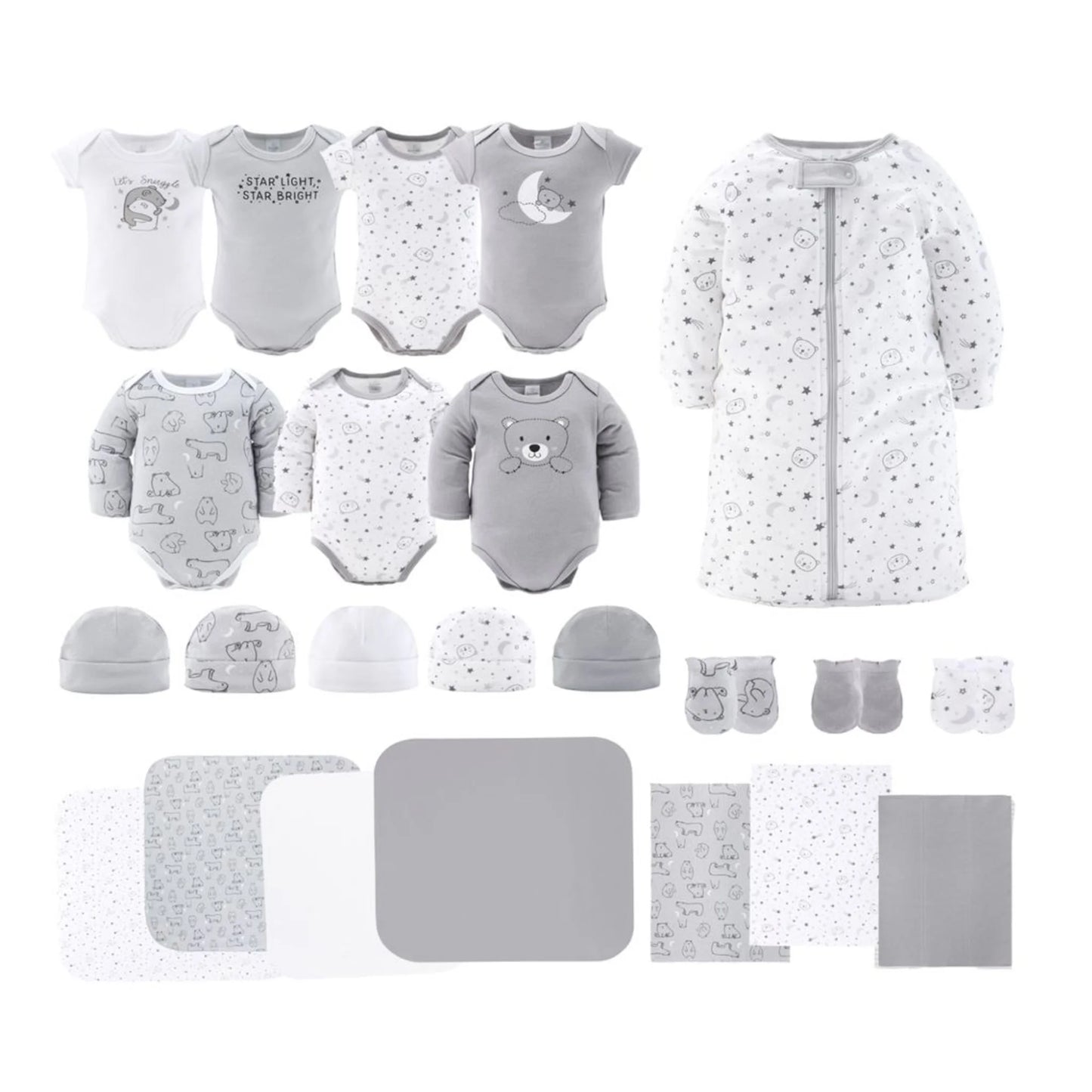 Newborn Baby Layette Gift Set for Baby Boys and Girls, Shower Gift Essentials, Grey and White Celestial Bears