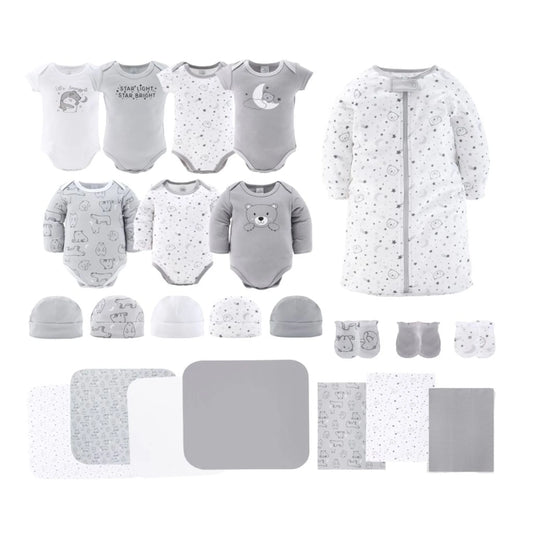 Newborn Baby Layette Gift Set for Baby Boys and Girls, Shower Gift Essentials, Grey and White Celestial Bears