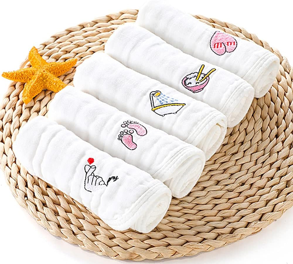 Eray Baby Muslin Washcloths, Face Towel Baby Burp Cloths in Classified Design- Soft Fluffy Breathable Newborn Wash Wipes for Sensitive Skin Great for Baby Shower (White)