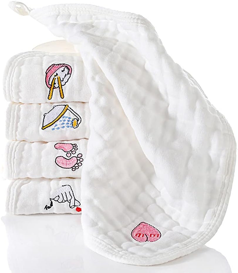 Eray Baby Muslin Washcloths, Face Towel Baby Burp Cloths in Classified Design- Soft Fluffy Breathable Newborn Wash Wipes for Sensitive Skin Great for Baby Shower (White)