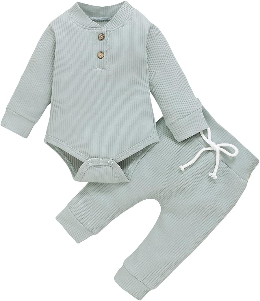 Newborn Baby Boy Clothes Set Ribbed Outfits Unisex Infant Solid Cotton Long Sleeve Tops Pants Fall Outfit (Blue,0-6Months)