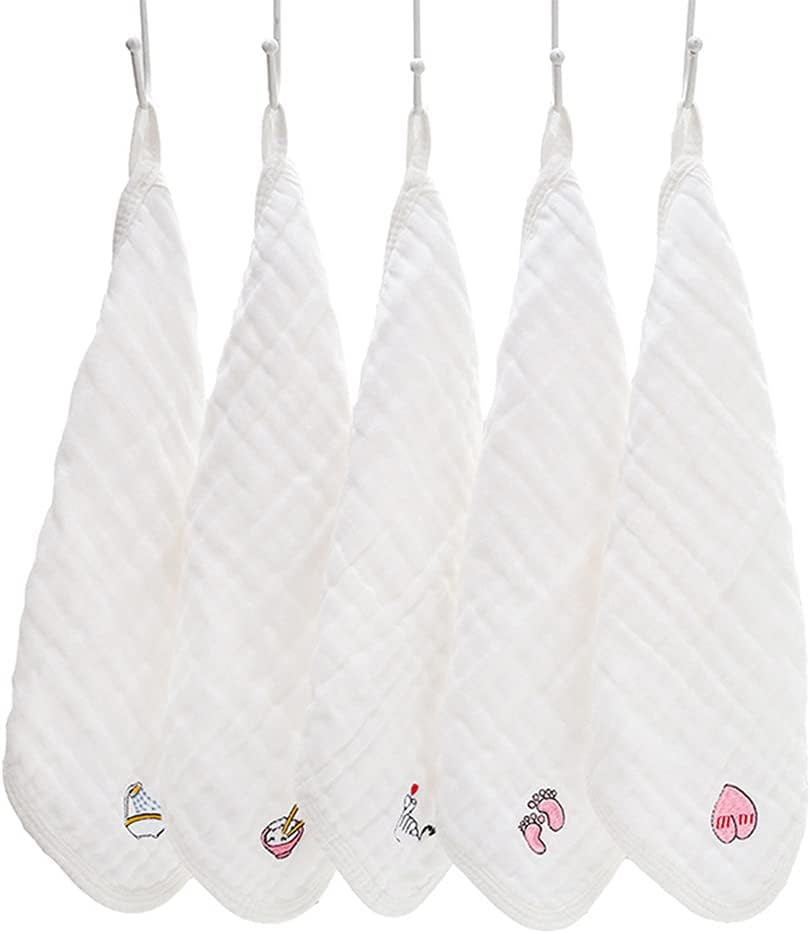 Eray Baby Muslin Washcloths, Face Towel Baby Burp Cloths in Classified Design- Soft Fluffy Breathable Newborn Wash Wipes for Sensitive Skin Great for Baby Shower (White)