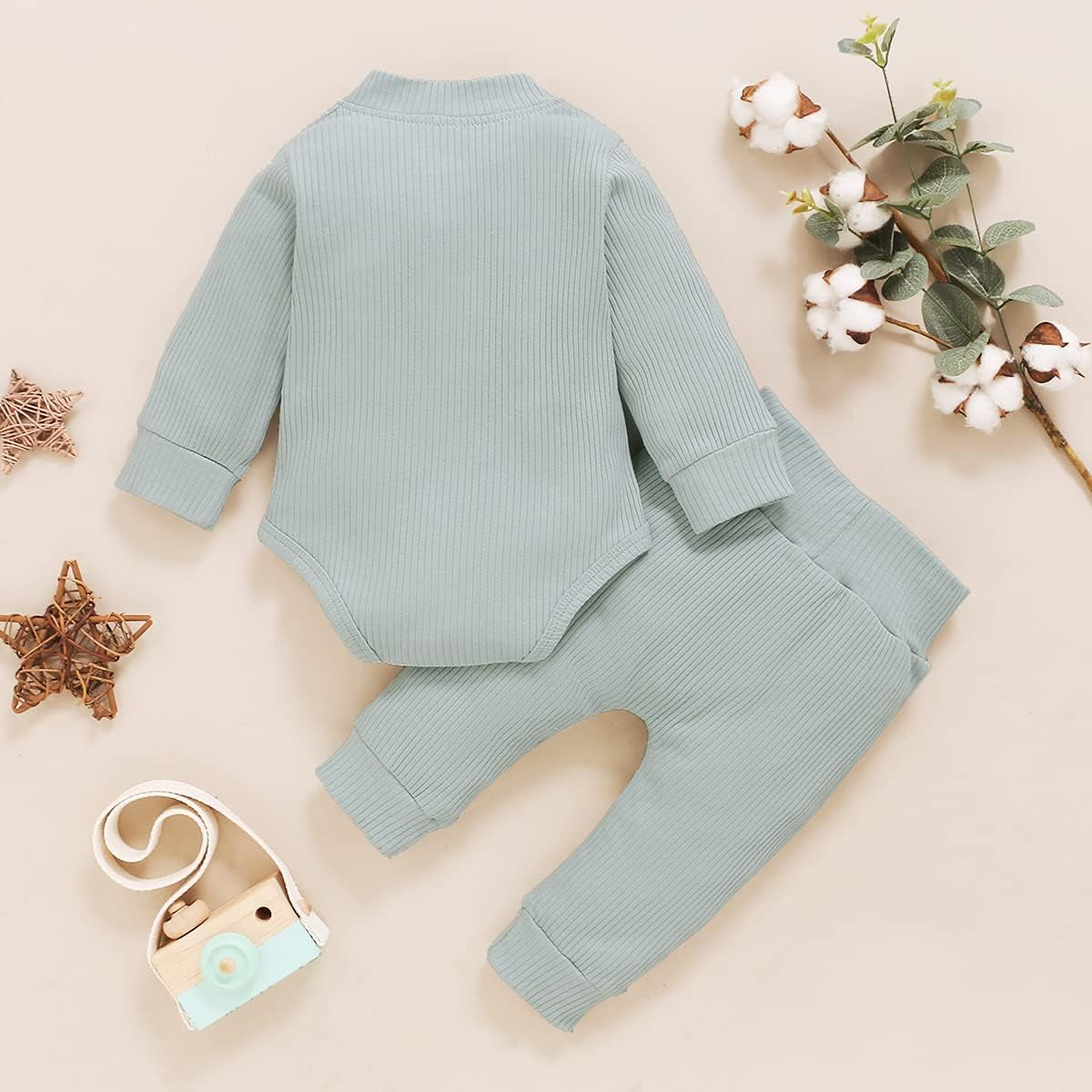Newborn Baby Boy Clothes Set Ribbed Outfits Unisex Infant Solid Cotton Long Sleeve Tops Pants Fall Outfit (Blue,0-6Months)