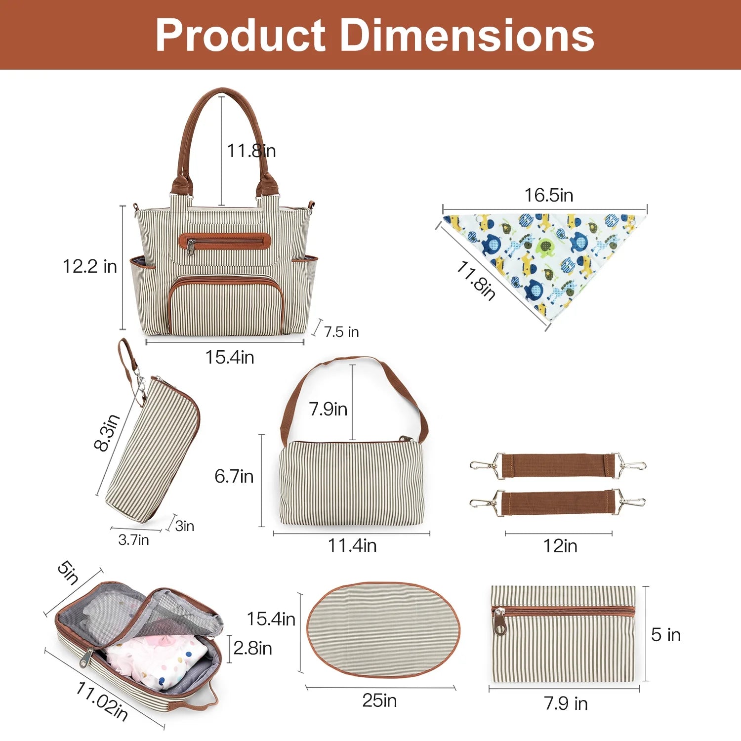 8Pcs Baby Nappy Diaper Bags with Bottle Bag Mesh Bag Purse Diaper Pad 2 Burp Cloths 2 Hook Straps Unisex Travel Diaper Bag for Mom Dad, Khaki